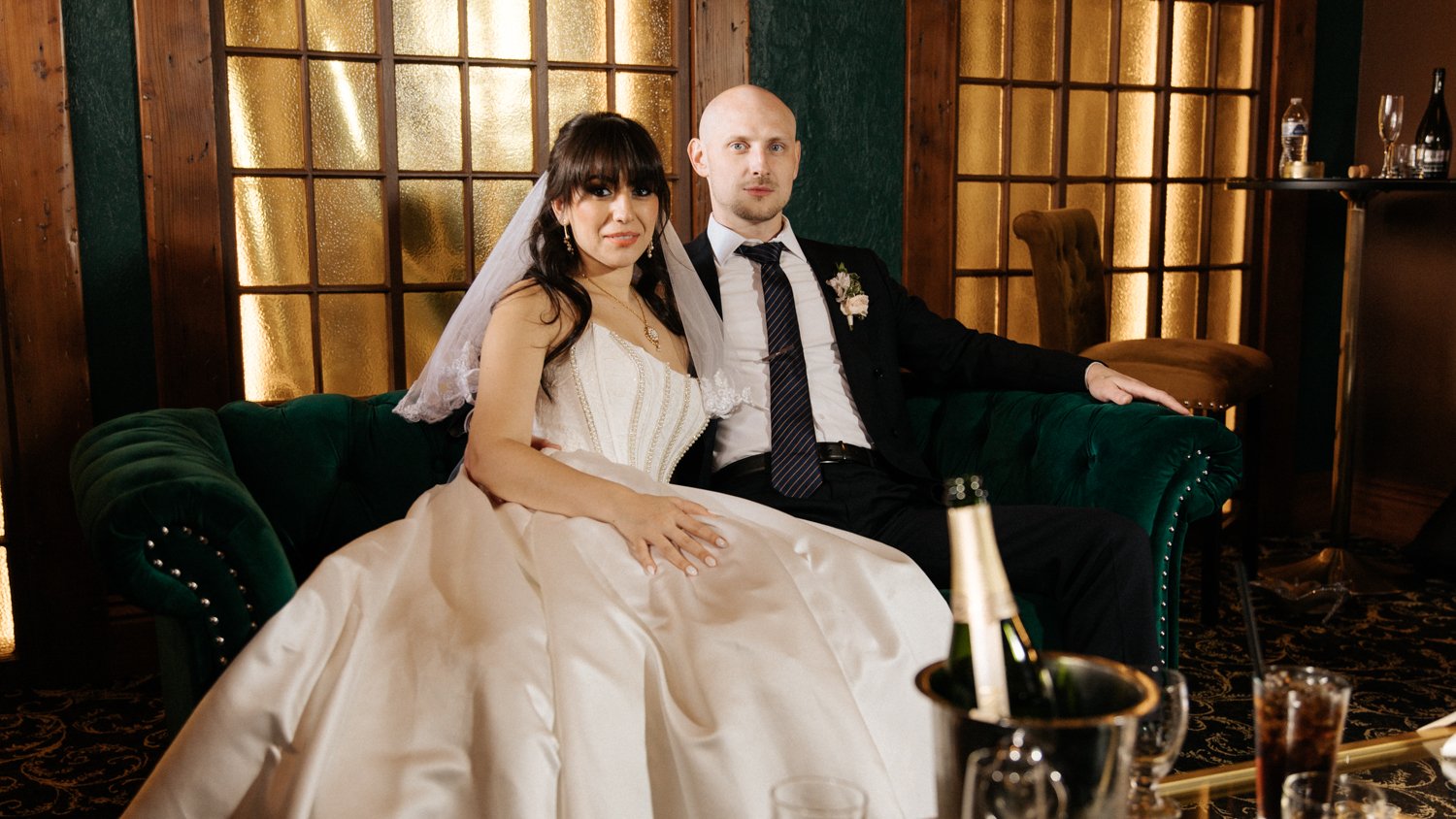 Stephanie and Filipp celebrating their wedding reception at Imperia Lake Union in Seattle Description: